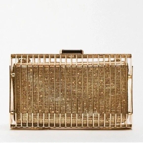Zara Limited Edition Rhinestones Metallic Golden Cage Style Box Clutch Bag Chain - Picture 1 of 14